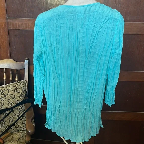 Faded Glory Turquoise Crinkled Crepe 3/4 Sleeve Copper Decor Shirt - Picture 4 of 7